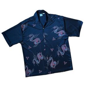 Black Anchor Blue Dragon Print Button Up Shirt